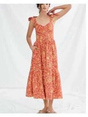 Atelier 17.56 Floral Eyelet Midi Dress Small Boho Tie Strap Angie Colombia Ant